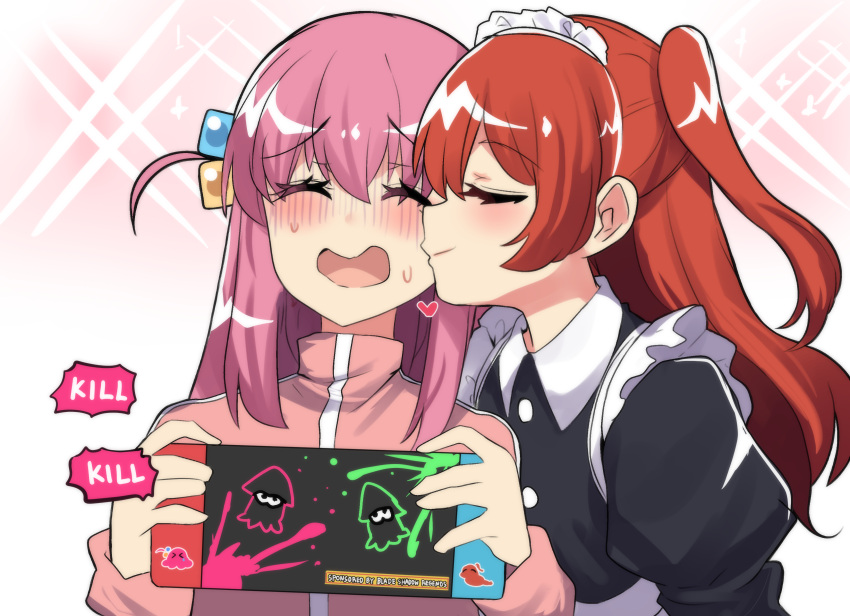 2girls absurdres animalization blush bocchi_the_rock! closed_eyes commentary cube_hair_ornament embarrassed english_commentary english_text gotou_hitori gotou_hitori_(octopus) hair_between_eyes hair_ornament handheld_game_console highres hinghoi holding holding_handheld_game_console jacket kiss kissing_cheek kita_ikuyo long_hair long_sleeves looking_at_another maid maid_headdress multiple_girls nintendo_switch one_side_up pink_hair pink_jacket redhead short_sleeves sidelocks speech_bubble splatoon_(series) sweat sweating_profusely turtleneck turtleneck_jacket twintails yuri zipper