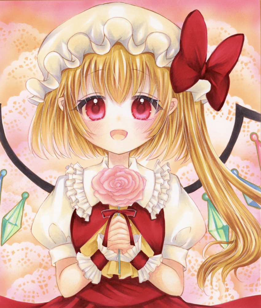 1girl :d ascot blush bow breasts crystal flandre_scarlet flower flower_request frilled_shirt_collar frills happy hat hat_bow highres holding holding_flower looking_at_viewer mob_cap one_side_up open_mouth own_hands_clasped own_hands_together pink_background pink_flower puffy_short_sleeves puffy_sleeves red_bow red_skirt red_vest short_hair_with_long_locks short_sleeves simple_background skirt skirt_set small_breasts smile solo touhou upper_body vest wings wrist_cuffs yellow_ascot yuuki_hana_(jtnp5334)