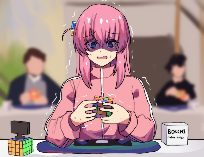 1girl 2boys blue_eyes blurry bocchi_the_rock! character_name comedy commentary competition cube_hair_ornament depth_of_field english_commentary gotou_hitori hair_ornament highres hinghoi jacket long_hair multiple_boys nervous one_side_up pink_hair pink_jacket rubik's_cube shaded_face sweat tearing_up track_jacket trembling wavy_mouth