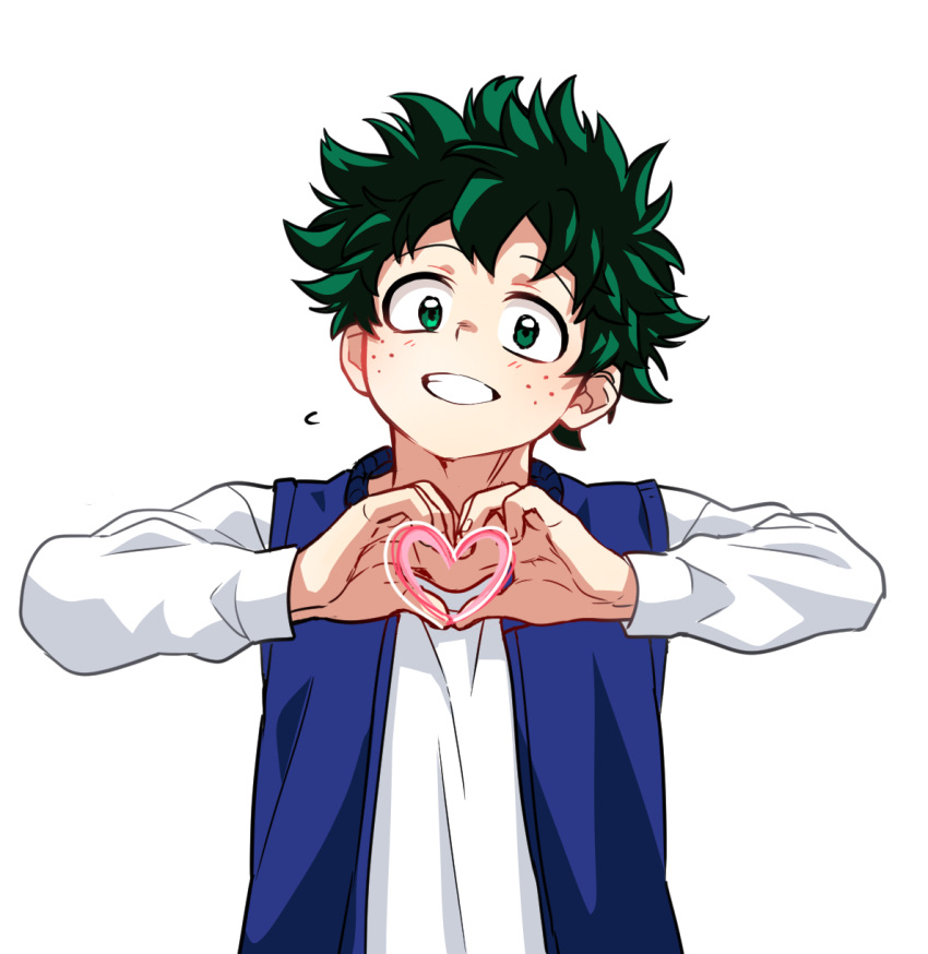 1boy alternate_costume blue_vest blush boku_no_hero_academia casual cel_shading curly_hair freckles green_eyes green_hair grin hands_up head_tilt heart heart_hands highres korean_commentary long_sleeves looking_at_another looking_at_viewer male_focus midoriya_izuku open_clothes open_vest shirt short_hair simple_background smile solo straight-on t-shirt upper_body vest white_background white_shirt