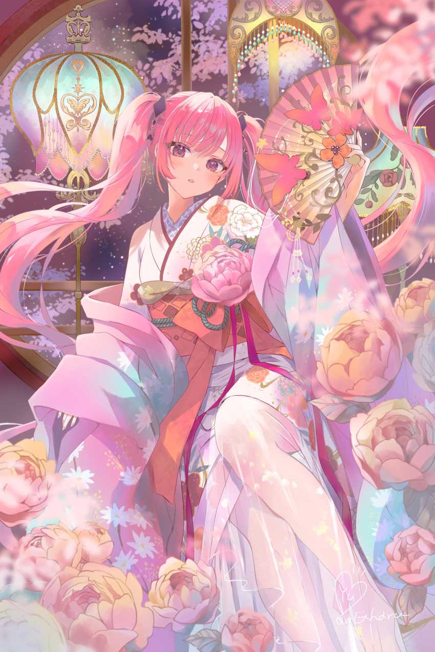 1girl absurdres blurry blurry_foreground butterfly_ornament floral_print flower flower_ornament flower_request folding_fan hand_fan hand_up highres holding holding_fan japanese_clothes kimono long_hair looking_at_viewer obi obiage obijime open_mouth orange_flower original pink_eyes pink_flower pink_hair pink_ribbon pink_shawl print_kimono ribbon sash see-through shawl signature solo twintails wide_sleeves yuyuharu_1027