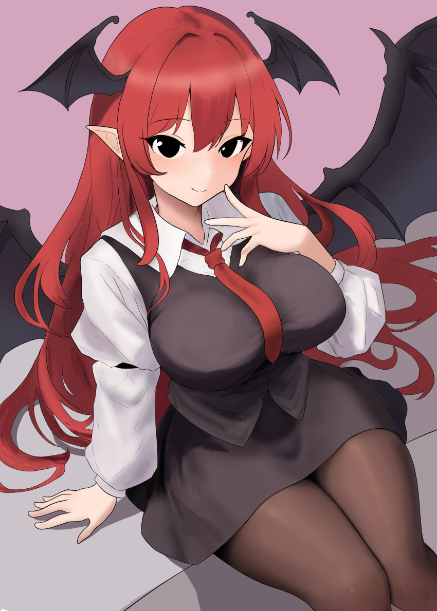 1girl absurdres bat_wings black_eyes black_pantyhose black_skirt black_vest breasts closed_mouth collared_shirt commentary_request head_wings highres koakuma large_breasts long_hair long_sleeves looking_at_viewer moriforest1040 multiple_wings pantyhose pointy_ears redhead shirt sitting skirt smile solo touhou vest white_shirt wings