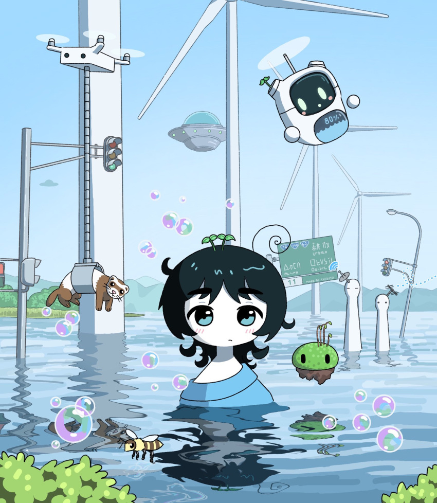 1girl 2others abstract ahoge bee black_hair blue_eyes blue_sky blush bubble bug clear_sky closed_mouth drone eli_(chibitoad) ferret flood flower flying flying_saucer gradient_background hair_flower hair_ornament highres horizon in_water lamppost mountainous_horizon multiple_others original partially_submerged road_sign robot sign sky soap_bubbles spacecraft traffic_light ufo water wind_turbine