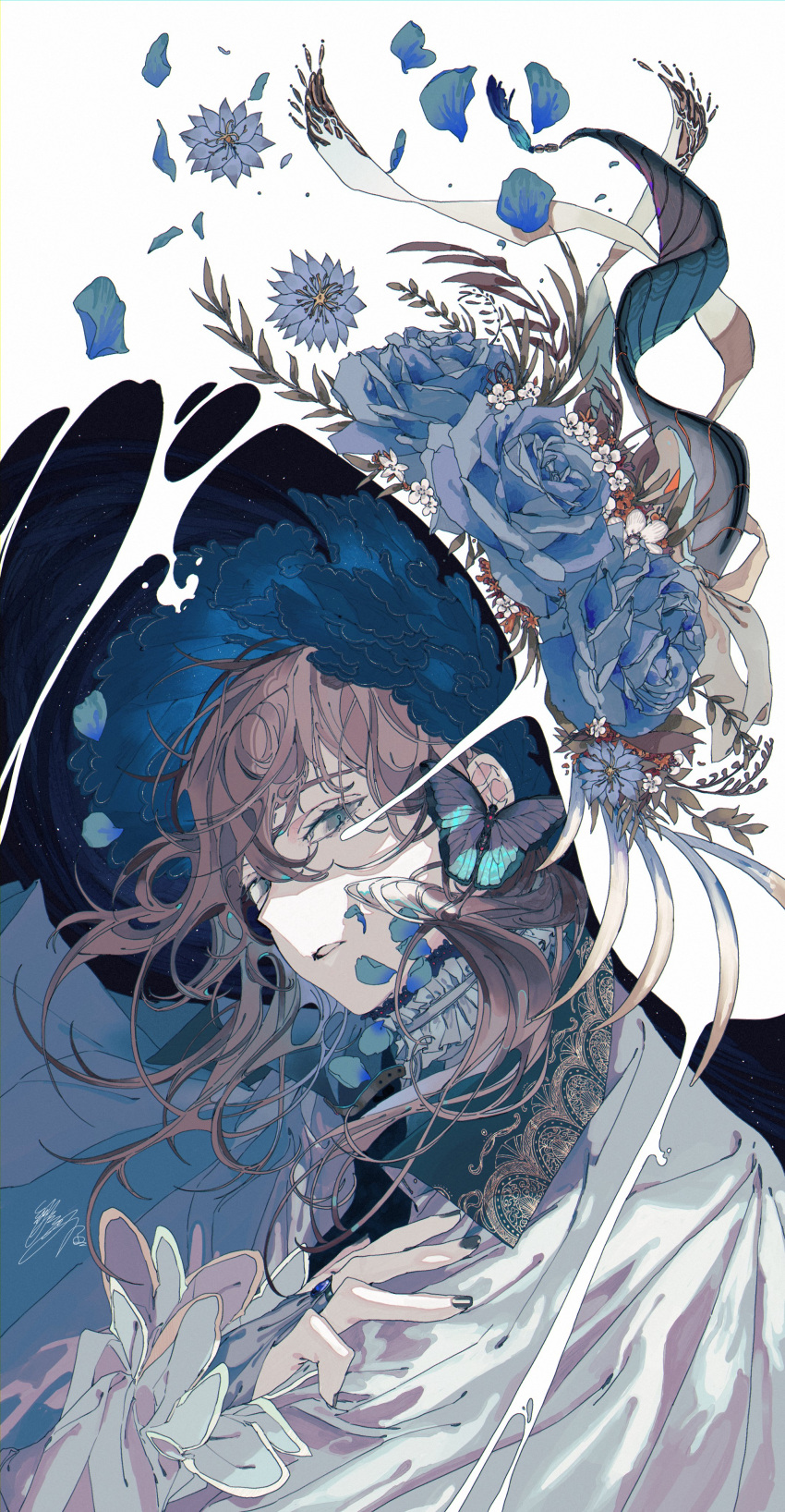 1boy absurdres aqua_butterfly black_nails blending blue_eyes blue_flower blue_rose bridal_gauntlets brown_hair bug butterfly butterfly_on_ear cape collared_cape cornflower downer_witch_(vocaloid) expressionless falling_petals flower frilled_shirt_collar frills grey_eyes hair_between_eyes hand_on_own_chest hat hat_flower highres hino_tsukasa kanae_(nijisanji) leaf liquid_clothes long_sleeves looking_at_viewer male_focus medium_hair mole mole_under_eye multicolored_eyes nijisanji parted_lips petals rose shirt sky solo star_(sky) starry_sky two-sided_fabric two-sided_headwear upper_body virtual_youtuber white_background white_cape white_flower white_headwear white_shirt witch_hat