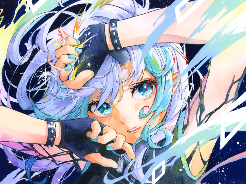 1girl absurdres aqua_hair aqua_nails arms_up blue_background blue_eyes blue_gloves bracelet close-up english_commentary eyelashes fingerless_gloves floating_hair gloves highres hikimayu jewelry light_purple_hair long_hair looking_at_viewer mixed-language_commentary multicolored_hair nail_polish open_mouth original painting_(medium) sleeveless solo spiked_bracelet spikes teeth traditional_media watercolor_(medium) wind yuyuharu_1027 zipper zipper_pull_tab
