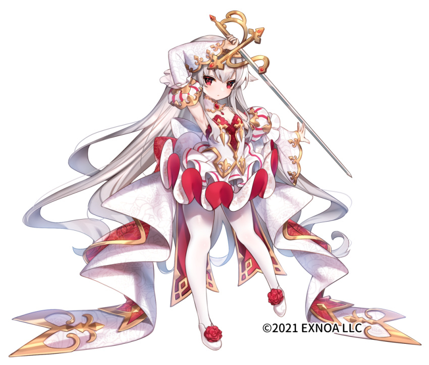 1girl albino angelic_link back_bow blush bow detached_collar detached_sleeves dot_nose expressionless flower full_body hair_flaps holding holding_sword holding_weapon large_bow legs_apart long_hair looking_at_viewer official_art pantyhose parted_lips rapier red_bow red_eyes red_flower red_rose rose sakofu saleos_(angelic_link) shoe_flower shoes simple_background skirt solo standing sword weapon white_background white_bow white_footwear white_hair white_pantyhose white_skirt white_sleeves