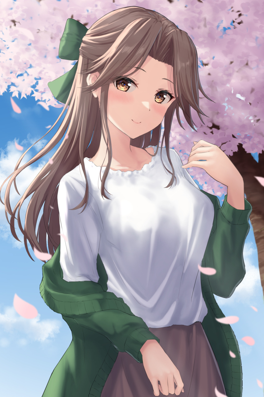 1girl absurdres alternate_costume blush brown_eyes brown_hair brown_jacket brown_skirt cherry_blossoms closed_mouth commission hair_intakes half_updo highres jacket jintsuu_(kancolle) kantai_collection long_hair monoku open_clothes open_jacket outdoors petals shirt skeb_commission skirt smile solo upper_body white_shirt