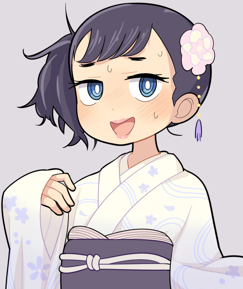 1girl black_hair black_outline black_sash blue_eyes blush boku_no_kokoro_no_yabai_yatsu bright_pupils commentary_request flower grey_background hair_flower hair_ornament highres hospital_king japanese_clothes kimono long_sleeves looking_at_viewer obi one_side_up open_mouth outline ringed_eyes sash short_bangs short_hair simple_background smile solo sweat upper_body white_kimono white_pupils wide_sleeves yamada_anna