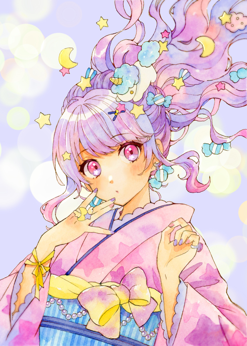1girl absurdres bow candy_earrings commentary crescent earrings fingers_to_mouth floating_hair hair_ornament hairclip hands_up highres japanese_clothes jewelry kimono long_hair nail_polish obi obiage obijime original pink_eyes pink_kimono pink_nails pinky_ring print_kimono purple_hair purple_nails sash solo star_(symbol) star_hair_ornament star_in_eye star_print stuffed_unicorn symbol_in_eye upper_body yuyuharu_1027