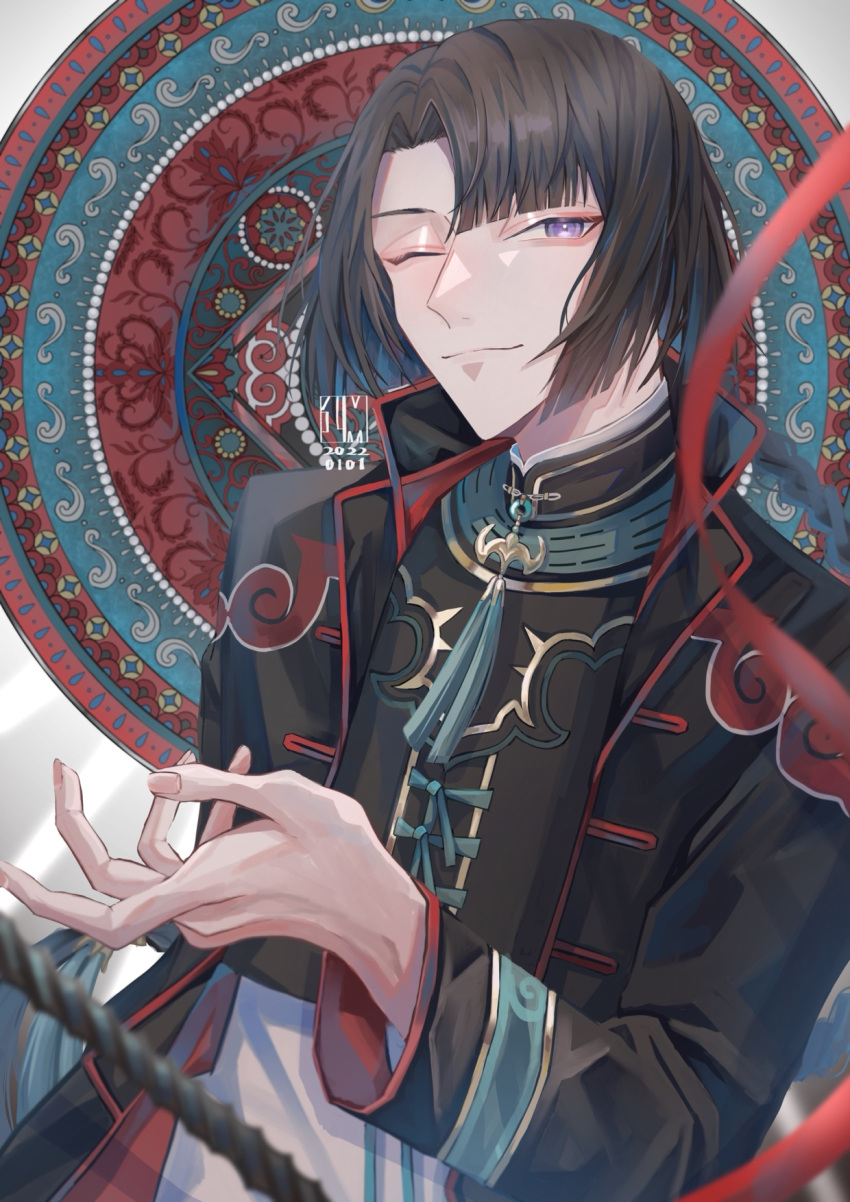 1boy artist_name asymmetrical_bangs black_coat black_hair braid braided_ponytail changpao chinese_clothes coat dated fate/grand_order fate_(series) fishing_rod highres ichimichi_111 long_hair long_sleeves looking_at_viewer male_focus mosaic_background one_eye_closed smile solo tai_gong_wang_(fate) upper_body violet_eyes