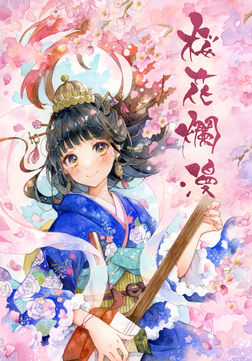 1girl absurdres bachi black_hair blue_kimono calligraphy closed_mouth commentary earrings english_commentary floating_hair floral_print hagoromo hair_ornament hair_stick hand_up headwear_request highres holding holding_instrument instrument japanese_clothes jewelry kimono long_hair looking_at_viewer mixed-language_commentary multicolored_hair nail_polish obi obiage obijime original petals pink_nails pink_shawl plectrum redhead rose_print sash shamisen shawl solo traditional_media upper_body wind yellow_eyes yuyuharu_1027