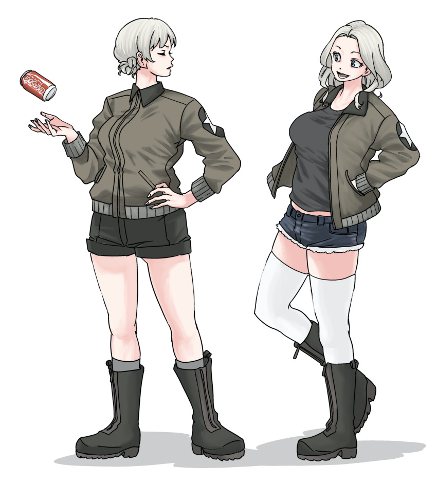 2girls absurdres alternate_costume black_footwear black_shirt black_shorts blonde_hair blue_eyes blue_shorts boots brown_jacket can closed_eyes closed_mouth coca-cola commentary cutoffs darjeeling_(girls_und_panzer) denim denim_shorts emblem facing_another girls_und_panzer grey_socks hand_on_own_hip hands_in_pockets heel_up highres jacket kay_(girls_und_panzer) long_sleeves looking_at_another medium_hair midriff military military_uniform multiple_girls open_clothes open_jacket open_mouth saunders_military_uniform shadow shirt short_shorts shorts simple_background skrmtl smile socks soda_can standing star_(symbol) thigh-highs uniform white_background white_thighhighs