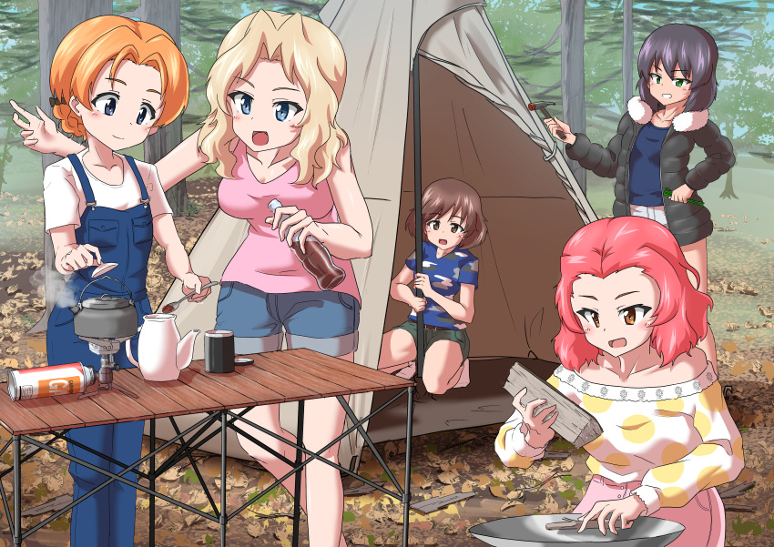 5girls absurdres akiyama_yukari autumn_leaves black_coat black_hair black_shorts blonde_hair blue_eyes blue_overalls blue_shirt blue_shorts bob_cut bottle brown_eyes brown_hair camouflage camouflage_shirt camping casual coat commentary commission day denim denim_shorts drops_mint english_commentary firewood forest fur-trimmed_coat fur_trim girls_und_panzer green_eyes grin hair_intakes hammer highres holding holding_bottle holding_hammer holding_spoon hoshino_(girls_und_panzer) kay_(girls_und_panzer) kettle kneeling leaning_forward long_sleeves looking_at_another medium_hair mixed-language_commentary multiple_girls nature off-shoulder_shirt off_shoulder open_mouth orange_hair orange_pekoe_(girls_und_panzer) outdoors overalls pink_skirt pink_tank_top pixiv_commission redhead rosehip_(girls_und_panzer) shirt short_hair short_shorts short_sleeves shorts skirt smile socks soda_bottle spoon standing t-shirt table tank_top teapot tent tent_peg white_shirt white_shorts white_socks yellow_shirt