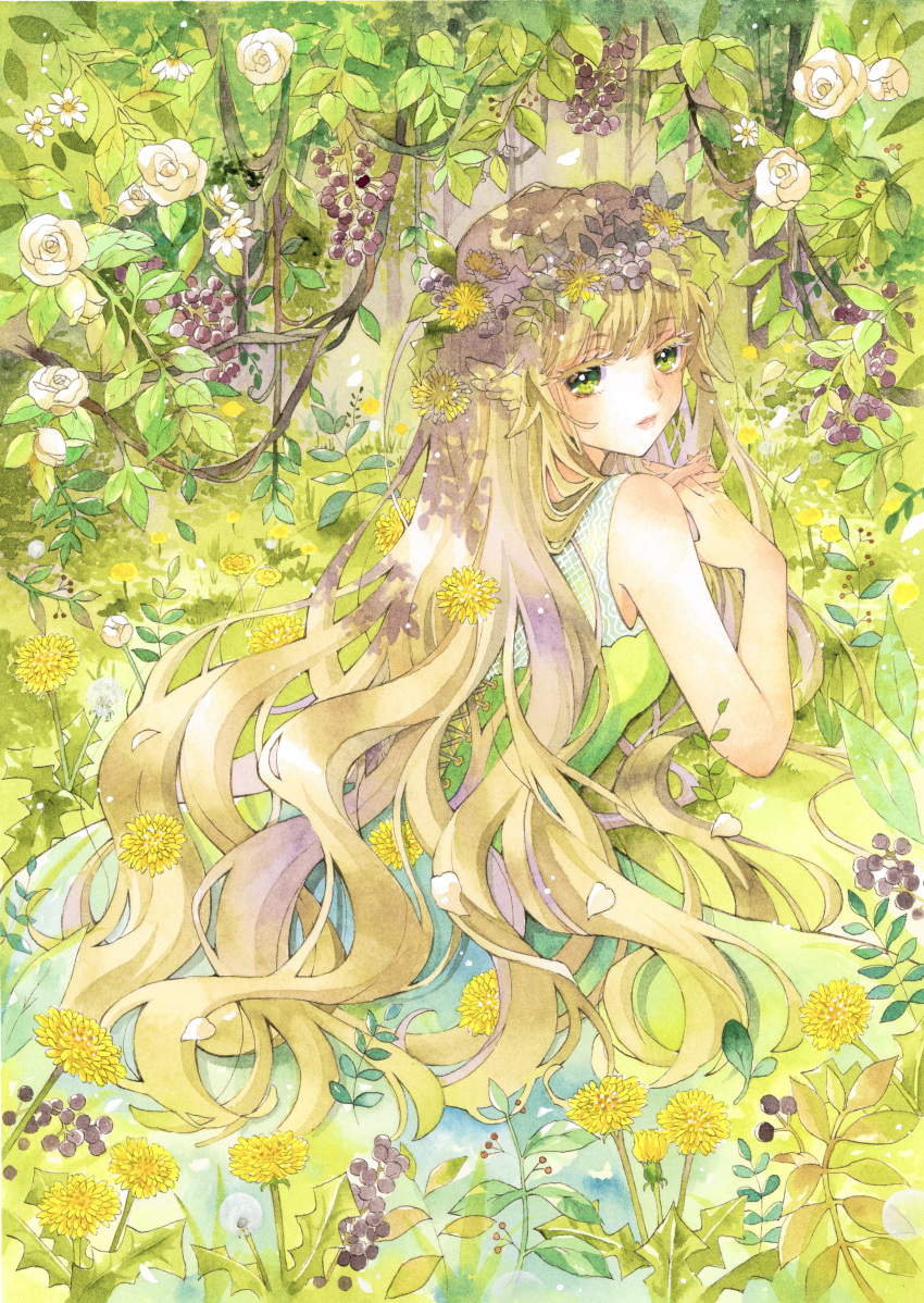 1girl absurdres blonde_hair branch chrysanthemum colored_eyelashes commentary_request dandelion dress elbow_rest flower foliage green_eyes hair_flower hair_ornament highres interlocked_fingers leaf long_hair looking_at_viewer mori_girl open_mouth original painting_(medium) plant rose sleeveless solo traditional_media turning_head watercolor_(medium) white_flower white_rose yellow_flower yuyuharu_1027