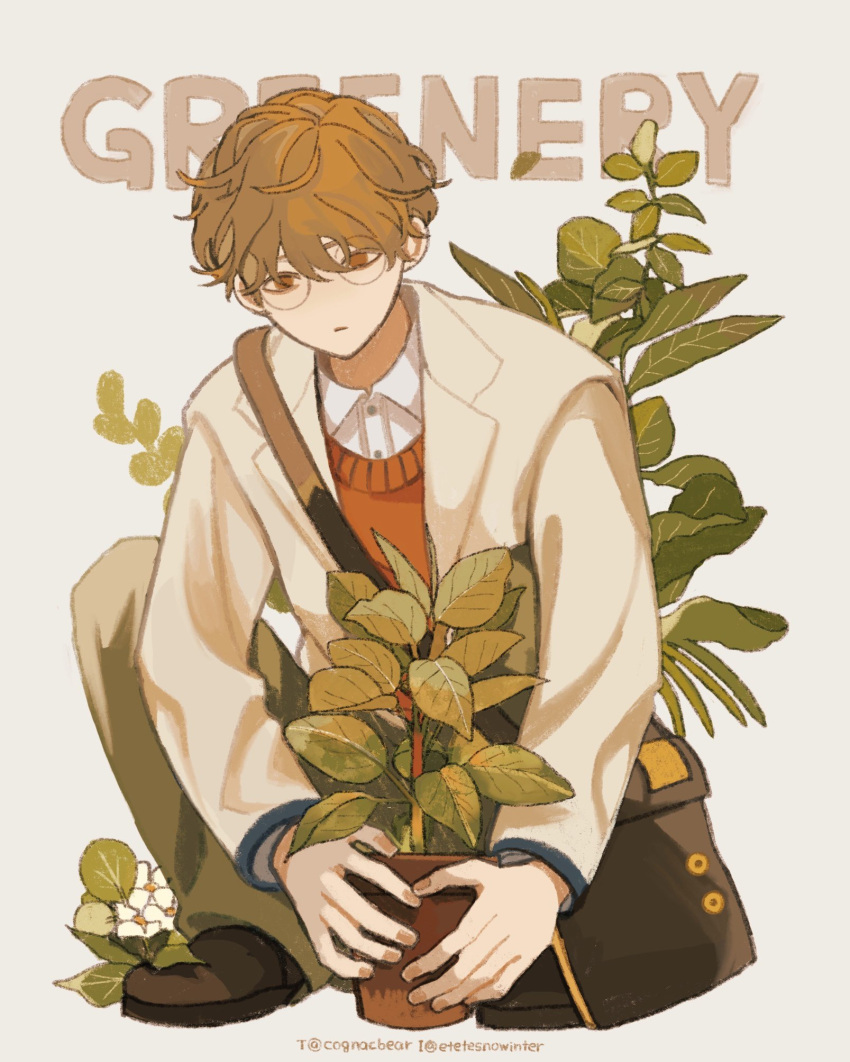 black_bag brown_eyes brown_hair buttons closed_mouth coat cognacbear collared_coat collared_shirt english_text flower full_body glasses highres leaf long_sleeves orange_sweater_vest original plant potted_plant shirt simple_background squatting sweater_vest white_background white_coat white_flower white_shirt