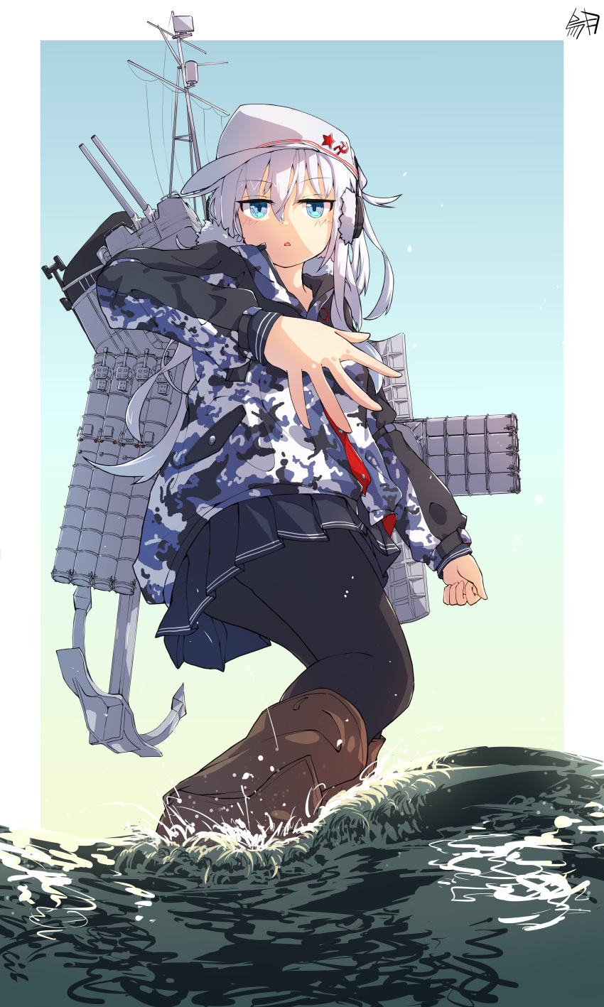 1girl :o absurdres anchor artist_name ass black_pantyhose blue_eyes blue_skirt boots border brown_footwear camouflage camouflage_jacket cannon clenched_hand collarbone commentary_request earmuffs expressionless full_body fur-trimmed_headwear fur-trimmed_jacket fur_trim hair_between_eyes hat hibiki_(kancolle) highres jacket kantai_collection karasutsuki long_hair long_sleeves looking_at_viewer ocean outdoors pantyhose parted_lips peaked_cap pleated_skirt russian_commentary sailor_collar sidelocks signature skirt smokestack solo standing standing_on_liquid torpedo_launcher torpedo_tubes turret verniy_(kancolle) very_long_hair water white_border white_hair white_headwear