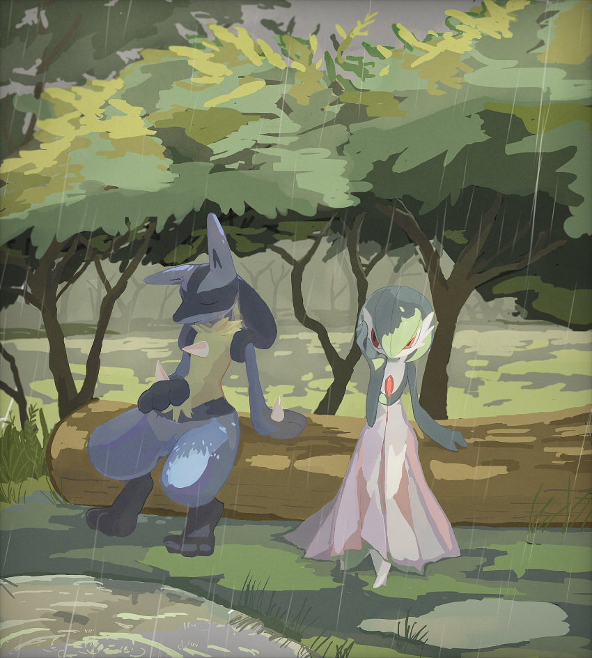 absurdres arm_support closed_eyes closed_mouth commentary_request gardevoir grass hand_up highres lucario outdoors pokemon pokemon_(creature) puddle rain red_eyes ripples sitting spikes water yellow_fur zai_(3333333333353pk)