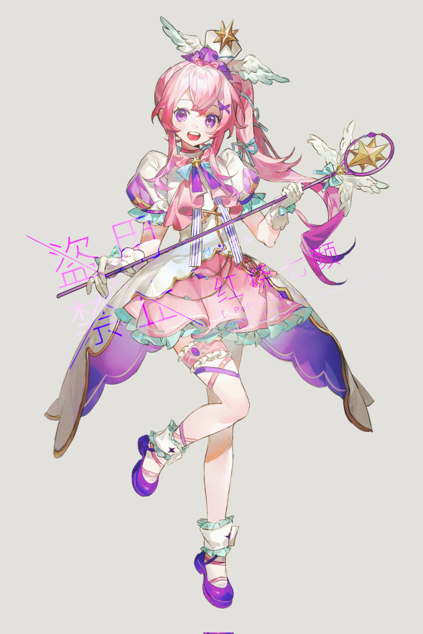 1girl bird_wings blue_bow bow brooch dress frilled_sleeves frills full_body gloves grey_background hair_ornament hairclip happybiirthd highres holding holding_wand jewelry leg_ribbon long_hair magical_girl multicolored_clothes multicolored_dress open_mouth original pink_hair puffy_short_sleeves puffy_sleeves purple_footwear ribbon shoes short_sleeves side_ponytail signature simple_background smile solo standing standing_on_one_leg star_(symbol) star_brooch star_wand teeth thigh-highs translation_request upper_teeth_only violet_eyes wand watermark white_gloves white_headwear winged_hat winged_wand wings