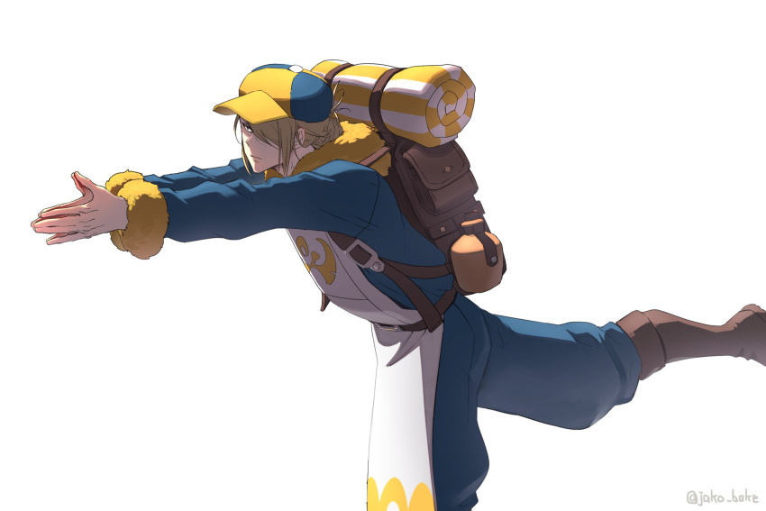 1boy backpack bag belt black_eyes blonde_hair blue_jumpsuit boots brown_bag brown_belt brown_footwear closed_mouth commentary_request expressionless hair_over_one_eye highres jako_(boke_poke) jumpsuit leaning leg_up long_sleeves male_focus pants_tucked_in pokemon pokemon_(game) pokemon_legends:_arceus simple_background solo twitter_username volo_(pokemon) watermark white_background