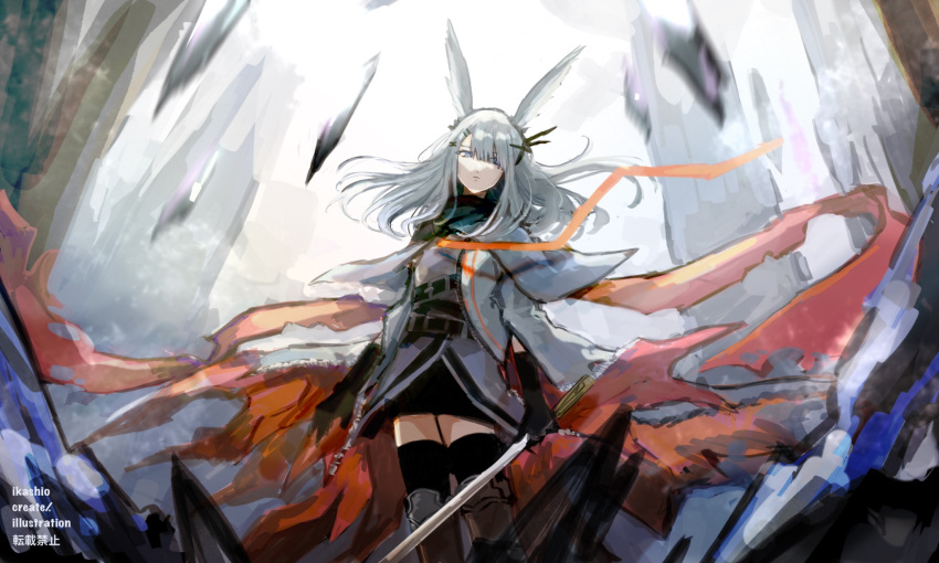 1girl animal_ears arknights artist_name belt black_thighhighs blue_eyes blunt_bangs breasts cape commentary cowboy_shot dress frostnova_(arknights) grey_dress hair_ornament hair_over_one_eye hairclip highres holding holding_sword holding_weapon hood hooded_cape k-yosinori light_frown long_hair long_sleeves medium_breasts mountain multiple_belts outdoors parted_lips rabbit_ears rabbit_girl snow solo sword thigh-highs torn_cape torn_clothes weapon