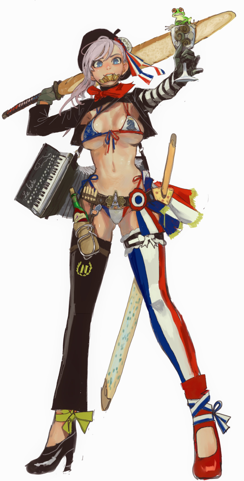1girl absurdres accordion alternate_costume asymmetrical_footwear asymmetrical_legwear asymmetrical_sleeves baguette beret bikini black_footwear black_gloves black_headwear black_jacket black_thighhighs blue_cheese blue_eyes blue_thighhighs bottle bread breasts croissant cropped_jacket cup drinking_glass fate/grand_order fate_(series) flag_print fleur-de-lis food french_flag frog full_body gloves hat high_heels highleg highleg_bikini highres holding holding_cup holding_instrument holding_weapon holster instrument jacket katana large_breasts looking_at_viewer mismatched_footwear mismatched_legwear mismatched_sleeves miyamoto_musashi_(fate) mossacannibalis navel red_footwear red_scarf red_thighhighs scarf side-tie_bikini_bottom simple_background snail solo standing straight-on striped striped_sleeves swimsuit sword thigh-highs vertical_stripes weapon white_background white_thighhighs wine_bottle wine_glass