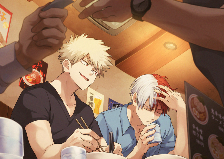 2boys 2others akiyama_(noconoco) bakugou_katsuki black_shirt blonde_hair blue_shirt blurry blurry_foreground boku_no_hero_academia bowl burn_scar ceiling_light chopsticks closed_eyes collarbone collared_shirt commentary_request cup depth_of_field hand_on_own_head hands_up holding holding_chopsticks holding_cup indoors looking_at_another male_focus menu multicolored_hair multiple_boys multiple_others open_mouth poster_(object) red_eyes redhead scar scar_on_face shirt short_hair short_sleeves sideways_glance sitting smile spiky_hair split-color_hair t-shirt todoroki_shouto two-tone_hair upper_body v-shaped_eyebrows watch watch white_hair