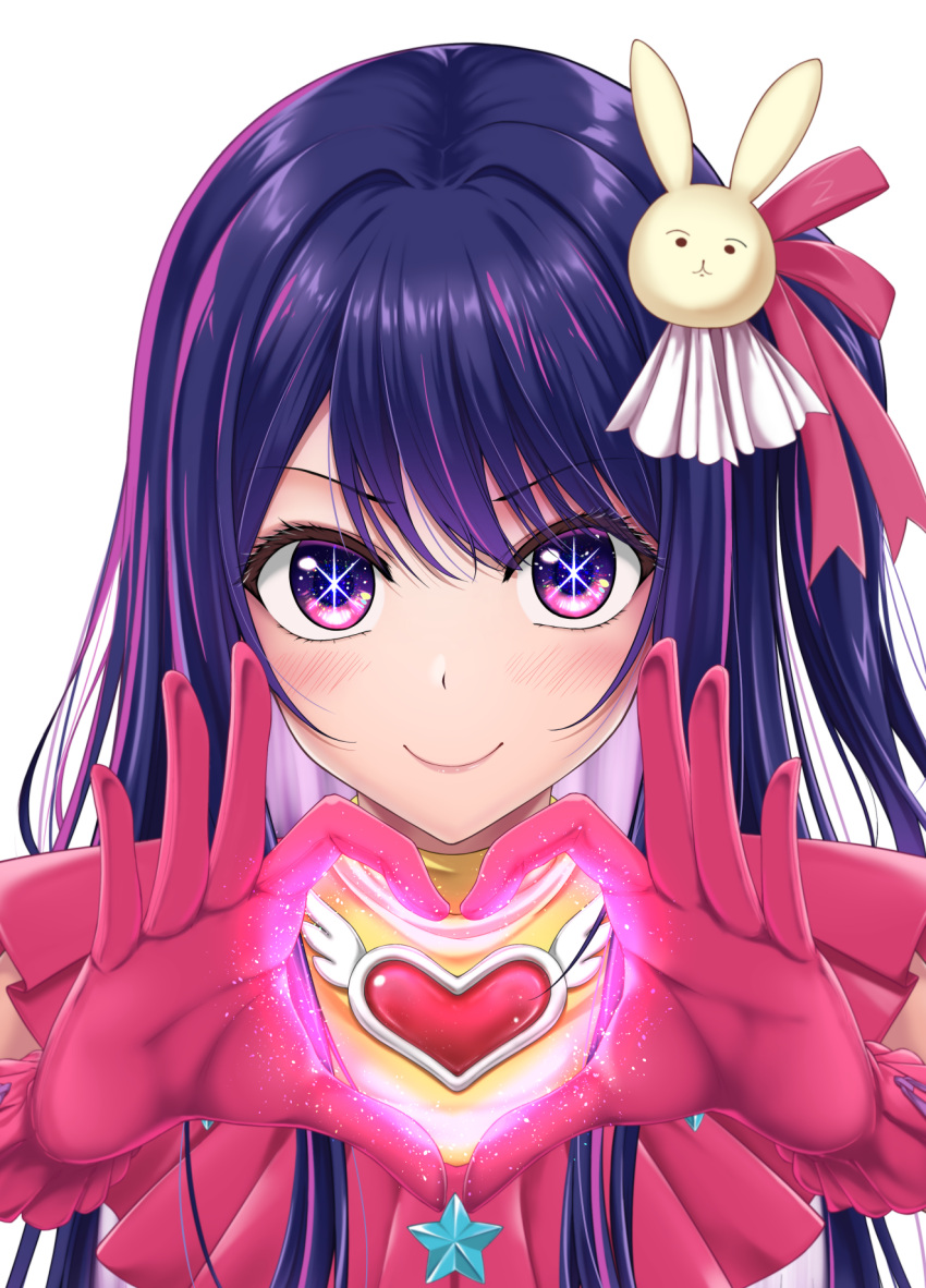 1girl blush closed_mouth commentary commentary_request dress frilled_dress frilled_gloves frills gloves hair_ornament heart heart_hands highres hoshino_ai_(oshi_no_ko) hoshinodia idol light_particles long_hair multicolored_eyes one_side_up oshi_no_ko partial_commentary pink_dress pink_gloves pink_ribbon purple_hair rabbit_hair_ornament ribbon sidelocks simple_background solo star-shaped_pupils star_(symbol) swept_bangs symbol-shaped_pupils turtleneck_dress white_background