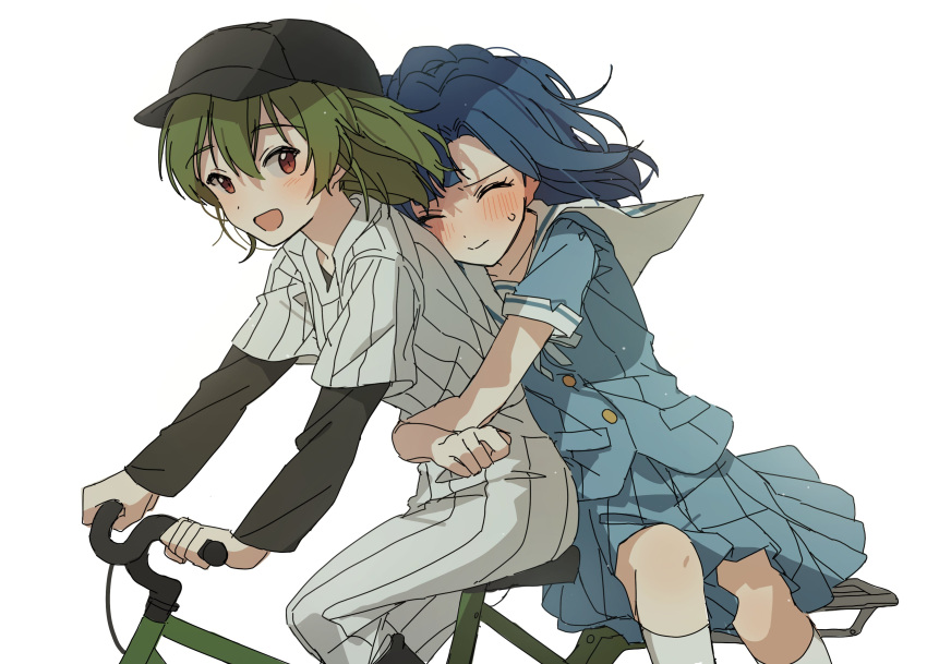 2girls absurdres baseball_cap baseball_uniform bicycle black_headwear black_shirt blue_hair blue_jacket blue_skirt blush braid breasts closed_eyes closed_mouth dot_nose from_side green_hair hano9789 hat highres holding_another's_wrist hug hug_from_behind idolmaster idolmaster_million_live! idolmaster_million_live!_theater_days jacket long_sleeves looking_at_another looking_back medium_breasts multiple_girls multiple_riders nagayoshi_subaru nanao_yuriko open_mouth pants pleated_skirt red_eyes riding riding_bicycle school_uniform shirt short_hair short_sleeves simple_background skirt smile socks sportswear striped striped_jacket striped_pants sweatdrop white_background white_jacket white_pants white_socks