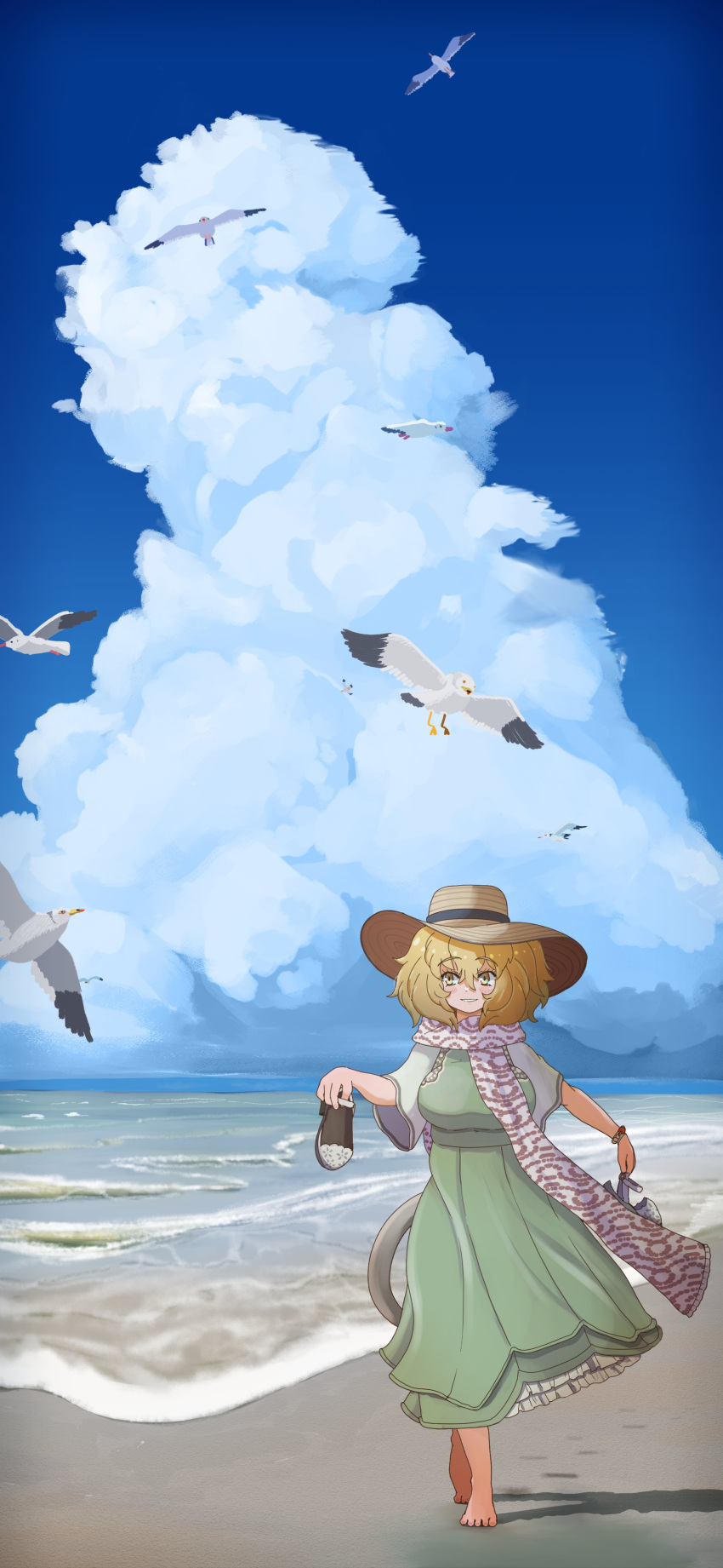 1girl absurdres alternate_costume animal barefoot beach big_hair bird blonde_hair blue_sky clouds day dress full_body green_dress hair_between_eyes hat highres holding holding_clothes holding_footwear horizon jewelry kemono_friends lion_(kemono_friends) lion_tail looking_at_another ocean ookii_yama outdoors parted_lips sand scarf seagull sky smile sun_hat tail toes walking water yellow_eyes