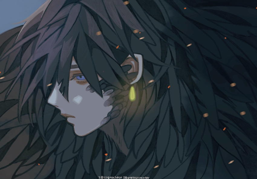 1boy black_hair blue_background closed_mouth cognacbear earrings highres jewelry light_particles long_hair looking_to_the_side male_focus original simple_background solo tagme
