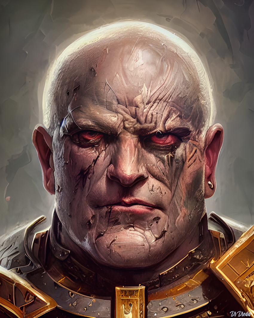 1boy abolton4 absurdres ai-assisted armor bald black_armor chaos_(warhammer) closed_mouth colored_sclera commentary corruption daemon_prince earrings english_commentary heresy highres horus_lupercal jewelry lost_primarchs no_eyebrows power_armor primarch red_eyes red_sclera scar simple_background single_earring warhammer_40k