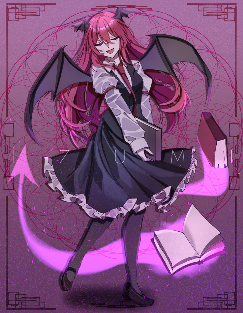 1girl black_footwear black_pantyhose black_skirt black_vest black_wings book breasts closed_eyes collared_shirt commentary demon_girl demon_wings fang frilled_skirt frills full_body hair_between_eyes head_wings highres holding holding_book izumi_481 juliet_sleeves koakuma koakuma_day long_bangs long_hair long_sleeves mary_janes medium_breasts necktie open_book open_mouth pantyhose puffy_sleeves purple_background red_necktie redhead shirt shoes skirt skirt_set smile solo touhou vest white_shirt wings