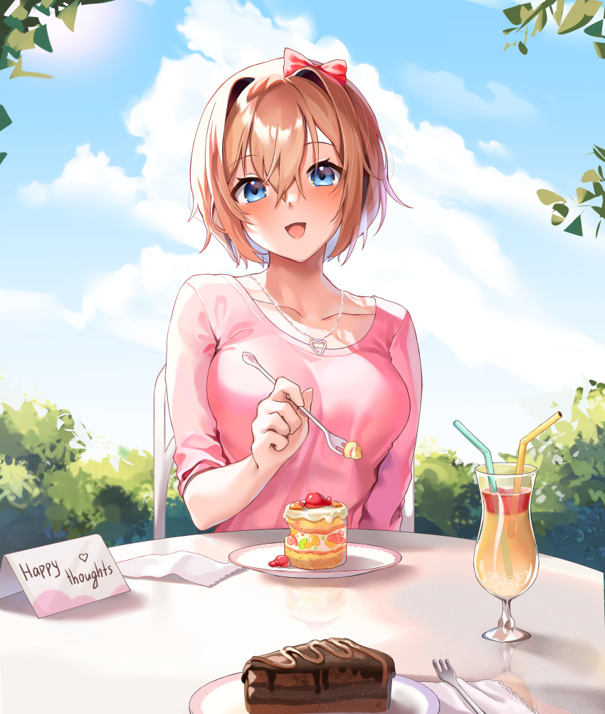 1girl absurdres blue_eyes blush bow breasts bush cake cake_slice chocolate_cake clouds collarbone commission cup doki_doki_literature_club drinking_glass drinking_straw foliage food fork hair_between_eyes hair_bow hair_ornament highres holding holding_fork jewelry large_breasts leaf long_bangs long_sleeves looking_at_viewer machulanko necklace open_mouth orange_hair paper pink_shirt plate red_bow sayori_(doki_doki_literature_club) shirt short_hair sitting sleeves_rolled_up smile solo table