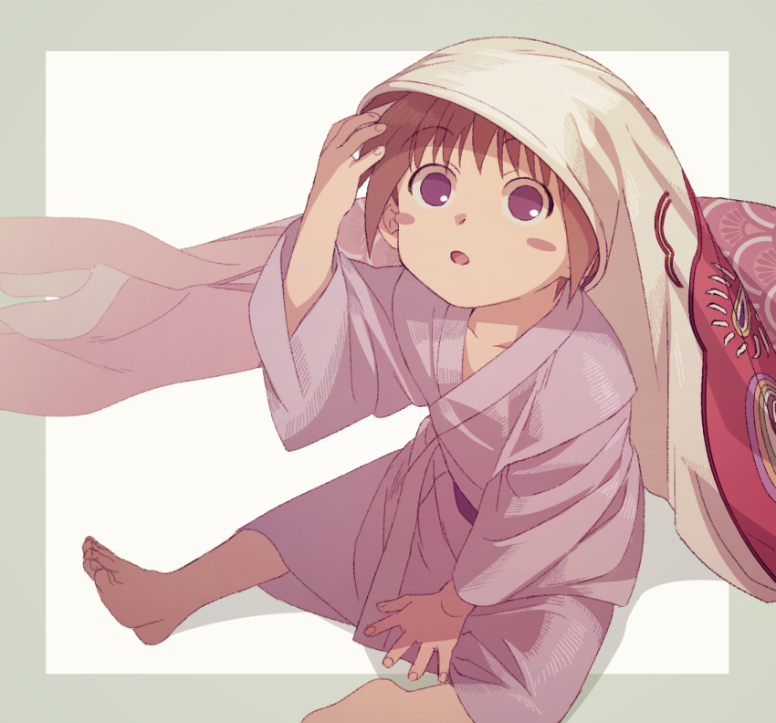 1boy aged_down barefoot brown_hair child feet_out_of_frame from_above hand_on_own_head hand_up himura_kenji koinobori long_sleeves looking_at_viewer looking_up male_child male_focus okurase outside_border rurouni_kenshin sash shadow short_hair simple_background sitting solo violet_eyes white_background windsock