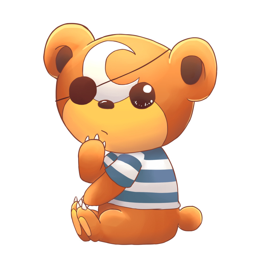 animal_focus bear bear_tail bright_pupils claws english_commentary eyepatch frown highres jinsuke04 no_humans pawpads pirate_costume pokemon pokemon_(creature) shirt sitting solo striped striped_shirt tail team_aqua teddiursa transparent_background white_pupils