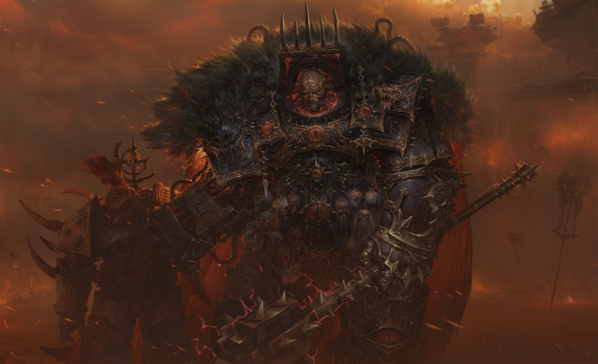 1boy armor bald black_armor black_fur cape chaos_(warhammer) chaos_space_marine corpse gold_trim highres holding holding_mace horus_lupercal lost_primarchs mace ornate_armor pelt plume power_armor primarch red_aura red_cape red_eyes red_lightning skinned skull spiked_armor spiked_mace spikes tube warhammer_40k weapon wolf_pelt yuhang