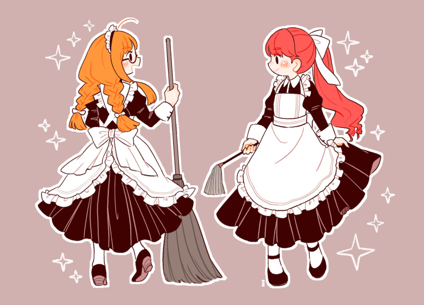 2girls ahoge apron back_bow black_dress black_footwear blunt_ends blush bow braid broom brown_hair commentary dress duster facing_away highres holding holding_broom holding_duster long_hair long_sleeves looking_at_another maid maid_headdress mary_janes michiru_(mnmn_cheese) multiple_girls open_mouth orange_hair outline persona persona_5 persona_5_the_royal profile puffy_sleeves redhead sakura_futaba shoes sidelocks simple_background smile socks sparkle twin_braids white_apron white_bow white_socks yoshizawa_kasumi