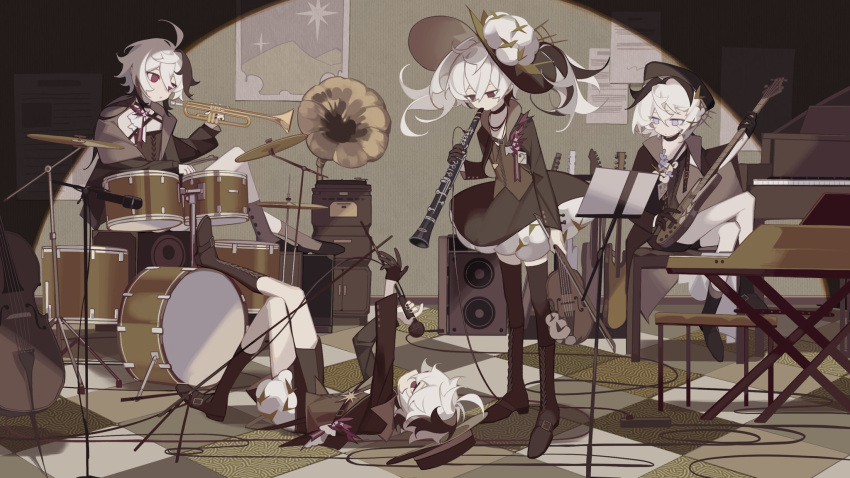 4girls ahoge bass_clef bass_guitar black_dress black_gloves black_hair black_headwear black_jacket black_shorts black_thighhighs blue_eyes blue_flower boots bow_(music) cable cello cevio ci_flower clarinet cross-laced_footwear crossed_legs cymbals dot_mouth dress drum drum_set eight-b expressionless flower flower_(gynoid_talk) flower_(vocaloid) flower_(vocaloid3) flower_(vocaloid4) gloves guitar gynoid_talk highres holding holding_instrument indoors instrument jacket keyboard_(instrument) knee_boots lace-up_boots leaning_forward long_hair looking_at_another looking_down lying microphone microphone_stand multicolored_hair multiple_girls multiple_persona music muted_color notice on_back on_ground phonograph playing_instrument poster_(object) red_ribbon ribbon short_hair shorts sidelocks sitting speaker standing streaked_hair thigh-highs tile_floor tiles trumpet violet_eyes vocaloid white_hair white_headwear