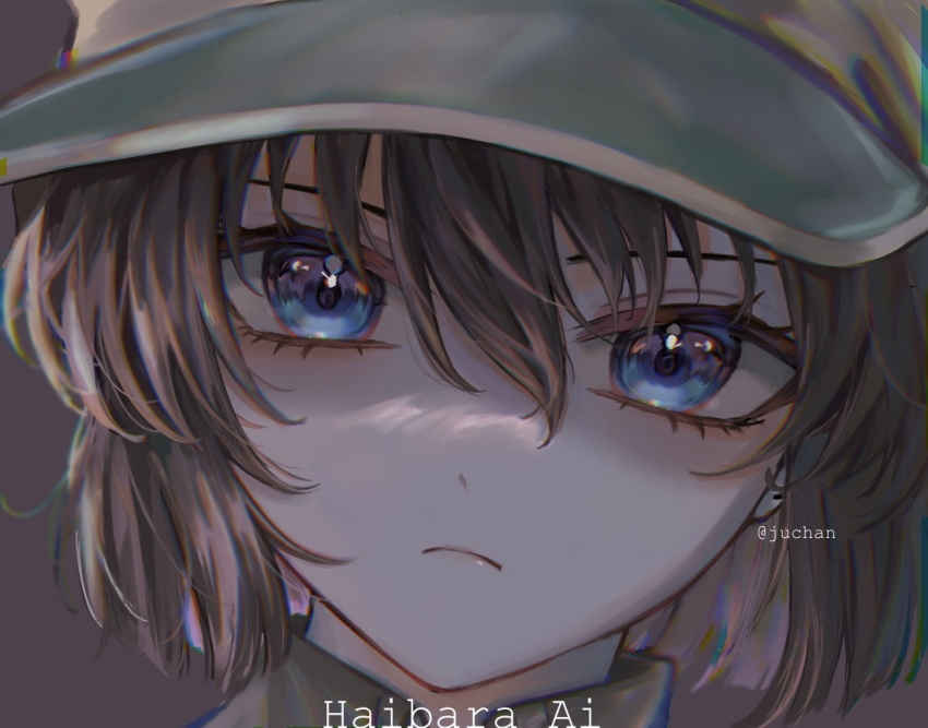 1girl artist_name baseball_cap blue_eyes bob_cut brown_hair character_name close-up closed_mouth commentary english_commentary frown haibara_ai hair_between_eyes hat head_tilt ju-chan_art looking_at_viewer meitantei_conan portrait short_hair simple_background solo straight-on