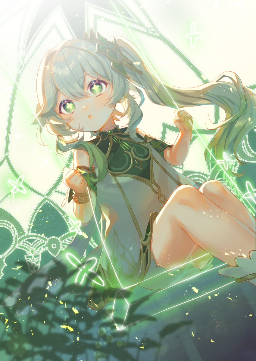 1girl absurdres blush detached_sleeves female_child flower-shaped_pupils genshin_impact green_eyes green_hair harushio high_side_ponytail highres looking_to_the_side multicolored_hair nahida_(genshin_impact) open_mouth pointy_ears shirt shorts sitting solo swing symbol-shaped_pupils white_hair white_shirt white_shorts