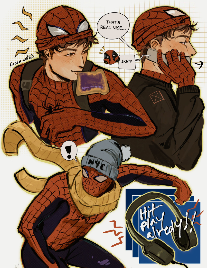 ! 1boy absurdres animal_print artist_name backpack bag beanie bodysuit bread bread_slice brown_eyes brown_hair calling cellphone checkered_background chibi chibi_inset cocoa_wdsis cowboy_shot eating english_text flip_phone food from_side hat headphones highres holding holding_phone long_sleeves marvel mask mask_lift multicolored_bodysuit peter_parker phone print_bodysuit red_bodysuit scarf short_hair smile speech_bubble spider-man spider-man:_brand_new_day spider-man_(series) spider_print spider_web_print superhero_costume sweater twitter_username two-tone_bodysuit upper_body very_short_hair