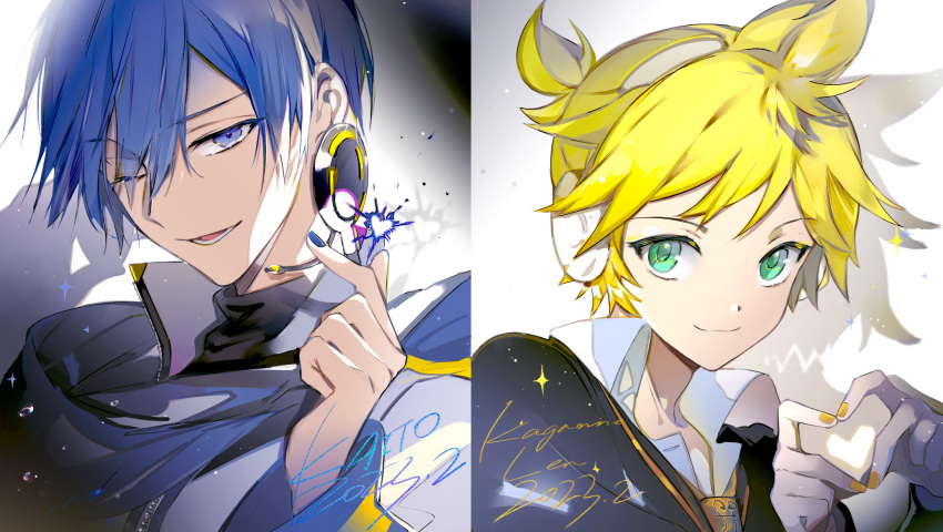 2023 2boys air_bubble blonde_hair blue_eyes blue_hair blue_nails blue_scarf bubble character_name close-up closed_mouth coat collared_shirt dark_blue_hair dot_nose eyes_visible_through_hair finger_heart fingernails gold_trim green_eyes hair_between_eyes hand_up hands_up headphones headset heart heart_hands high_ponytail highres jitome kagamine_len kaito_(vocaloid) light light_particles looking_at_viewer lower_teeth_only male_focus multiple_boys necktie one_eye_closed own_hands_together parted_bangs parted_lips scarf shadow shirt short_ponytail sidelighting sideways_glance smile sparkle suou teeth tsurime turtleneck upper_body vocaloid white_coat white_shirt yellow_nails zipper