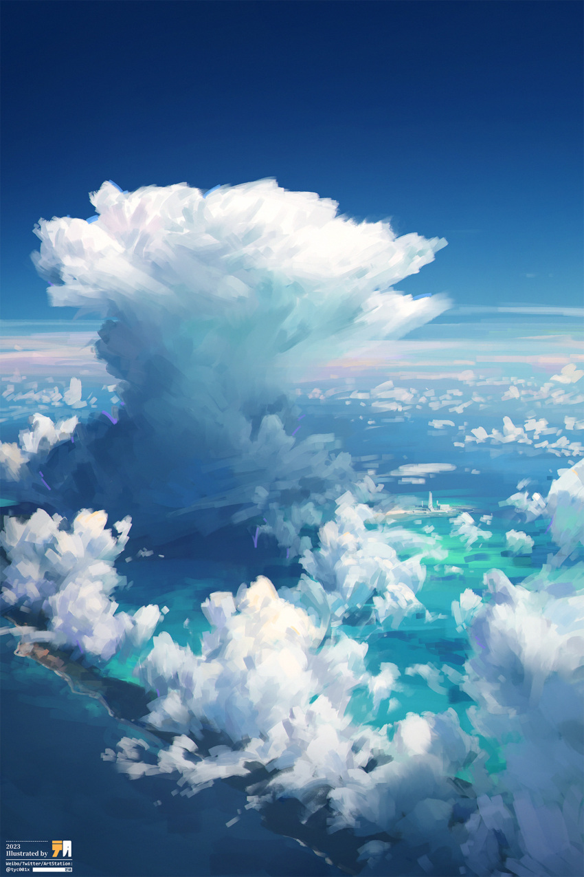 artist_logo blue_sky clouds dated day from_above highres island no_humans ocean original outdoors scenery sky twitter_username yucong_tang