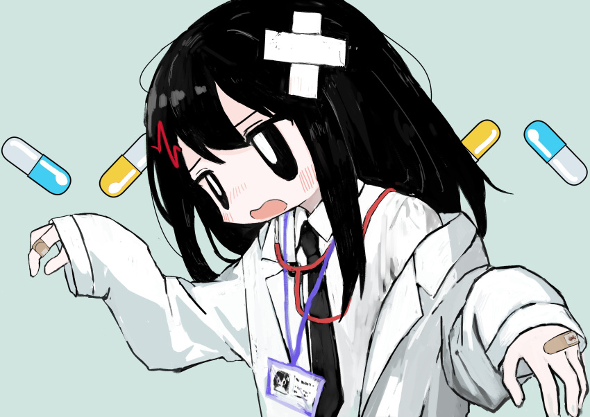 1girl absurdres bandaid bandaid_on_hand bandaid_on_head black_eyes black_hair black_necktie blush bright_pupils cardiogram commentary crossed_bandaids furrowed_brow green_background hair_ornament hands_up head_tilt highres id_card lab_coat lanyard long_hair looking_ahead necktie off_shoulder original pill_background shii595 shirt sleeves_past_wrists solo stethoscope symbol-only_commentary upper_body w_arms wavy_mouth white_pupils white_shirt