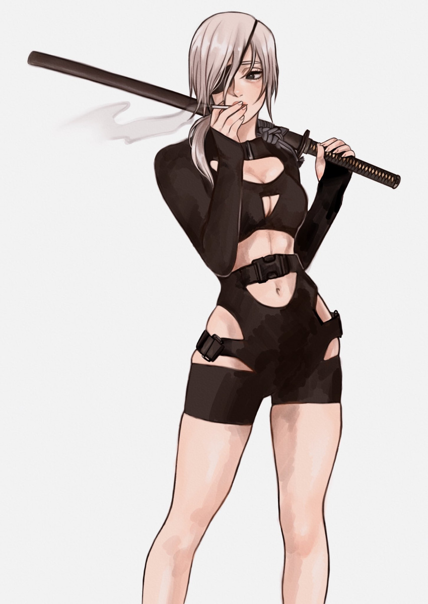1girl abs black_bodysuit black_bra bodysuit bra breasts chainsaw_man cigarette cleavage_cutout clothing_cutout eyepatch feet_out_of_frame hair_over_one_eye hair_over_shoulder highres hip_vent holding holding_cigarette holding_sword holding_weapon imeko_san katana long_sleeves looking_to_the_side low_ponytail medium_breasts navel over_shoulder ponytail quanxi_(chainsaw_man) simple_background smoke smoking solo standing stomach_cutout sword underwear weapon weapon_over_shoulder white_background white_hair