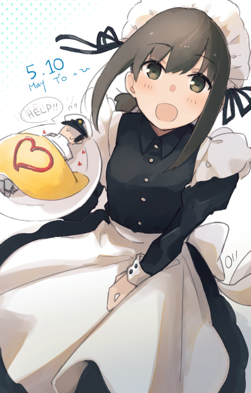 1boy 1girl absurdres admiral_(kancolle) alternate_costume apron black_dress black_hair blush buttons collared_dress dated dress english_text enmaided flying_sweatdrops fubuki_(kancolle) green_eyes hat highres kantai_collection long_sleeves ma_rukan maid maid_apron maid_day maid_headdress open_mouth peaked_cap short_hair short_ponytail signature speech_bubble waist_apron white_apron white_headwear