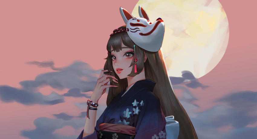 1girl bracelet brown_eyes brown_hair clouds commentary english_commentary fingernails floral_print fox_mask full_moon hand_up highres japanese_clothes jewelry kimono long_fingernails long_hair long_sleeves looking_afar mask mask_on_head moon obi original outdoors parted_lips pink_sky print_kimono purple_kimono red_lips sash sky solo tassel teeth upper_body wide_sleeves wonbin_lee