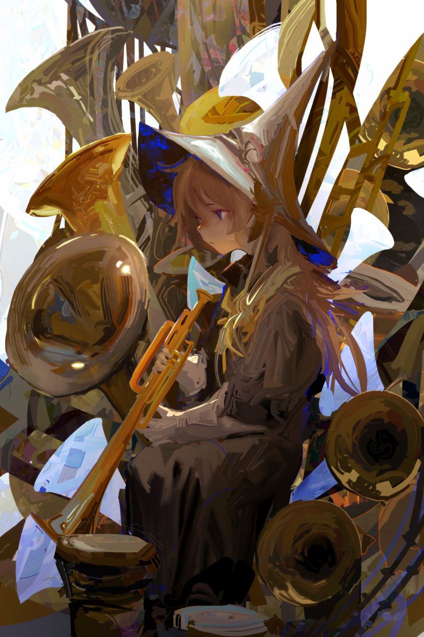1girl absurdres blonde_hair brown_coat brown_headwear coat commentary english_commentary expressionless gloves hat highres holding holding_instrument instrument kevin_adi long_hair original sitting solo surreal trumpet tube violet_eyes white_gloves witch_hat