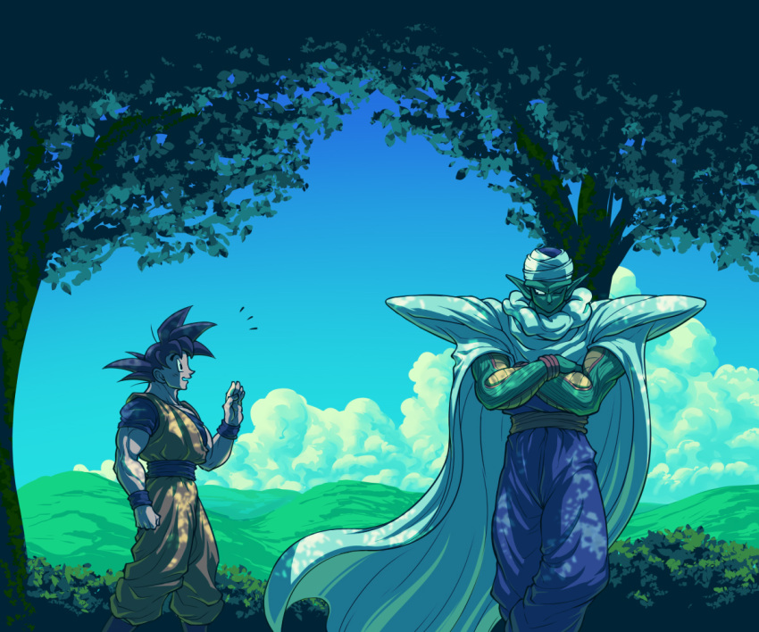 2boys baggy_pants biceps black_hair blue_sash blue_shirt blue_sky blue_wristband blush bush cape clouds colored_skin commentary_request crossed_arms day dougi dragon_ball dragon_ball_z green_skin hand_up koukyouji looking_at_another male_focus mountain multiple_boys muscular muscular_male namekian notice_lines one_eye_closed open_mouth orange_pants outdoors pants piccolo pointy_ears profile purple_pants sash shade shirt short_sleeves shoulder_pads sideways_glance sky smile son_goku spiky_hair tree turban waving white_cape wristband