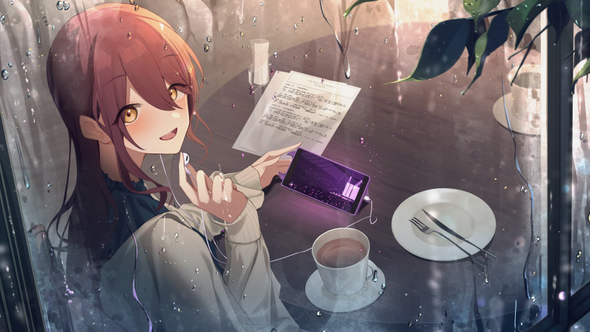 1girl absurdres blush brown_hair cafe cellphone coffee_mug cup earphones from_outside highres holding holding_earphones idolmaster idolmaster_shiny_colors looking_at_viewer looking_back mug odecono3 osaki_tenka phone sitting solo straight_hair yellow_eyes